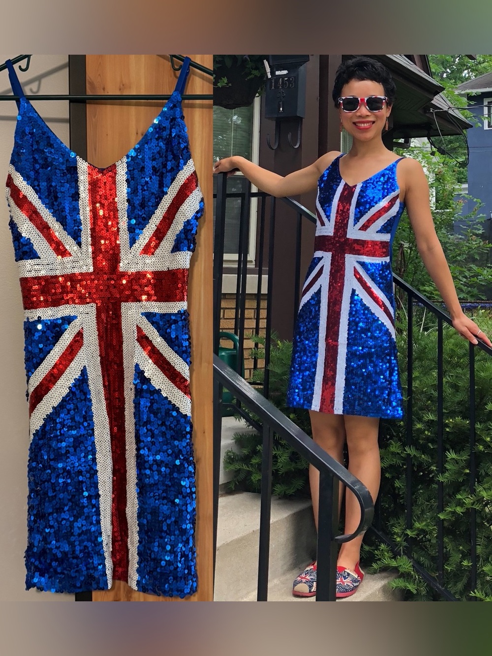 Union Jack Flag British Sequin Adjustable Spaghetti Strap Dress